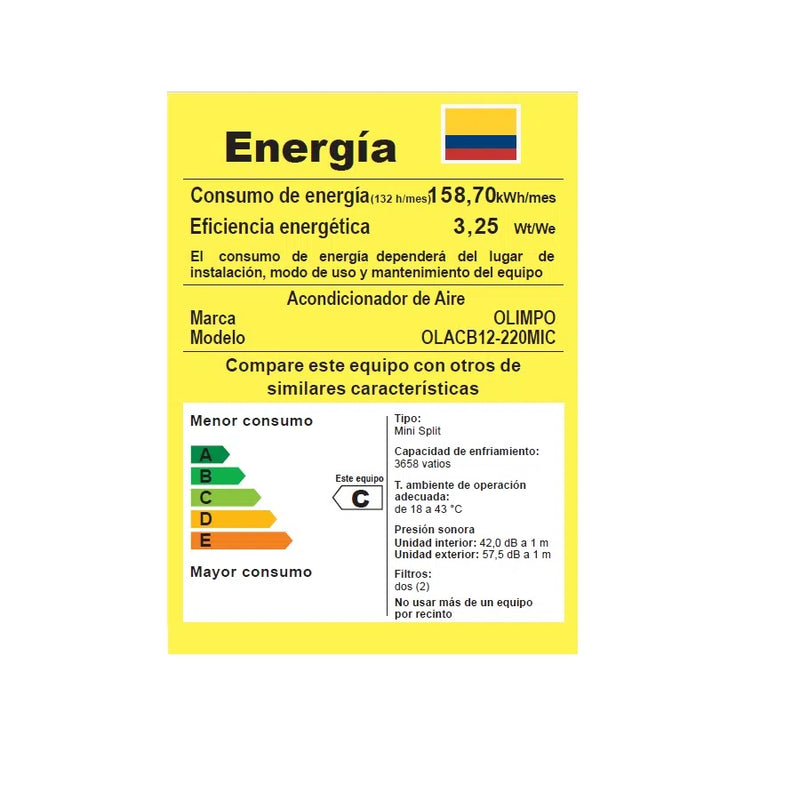 Aire Acondicionado Olimpo Mini Split ON/OFF 12000 BTU 220 Voltios